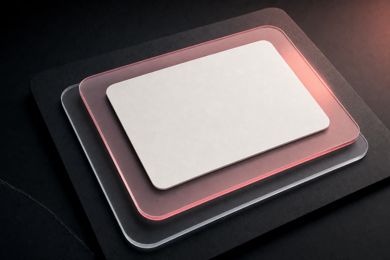 Layered rounded glass and paper cards on a dark surface