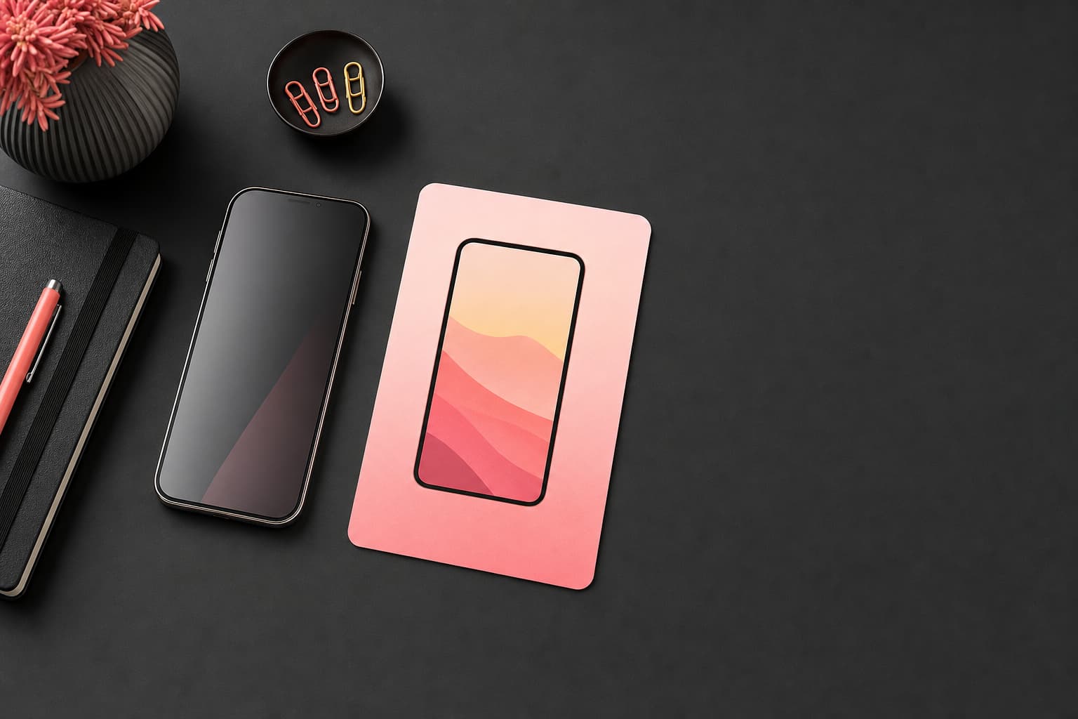 Phone and pink framed image card arranged on a black desk
