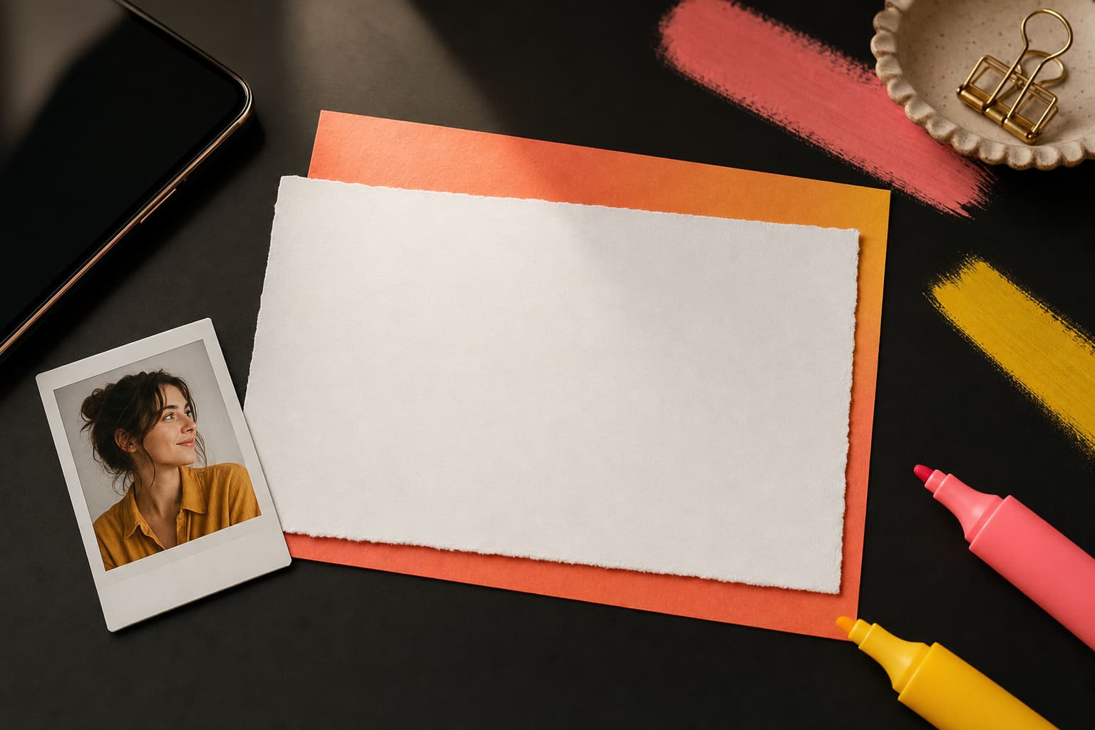 Blank testimonial card, portrait photo, phone, and colorful markers on a dark desk